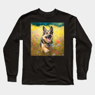 Wildflowers and German Shepherd Impressionist Art Print Long Sleeve T-Shirt